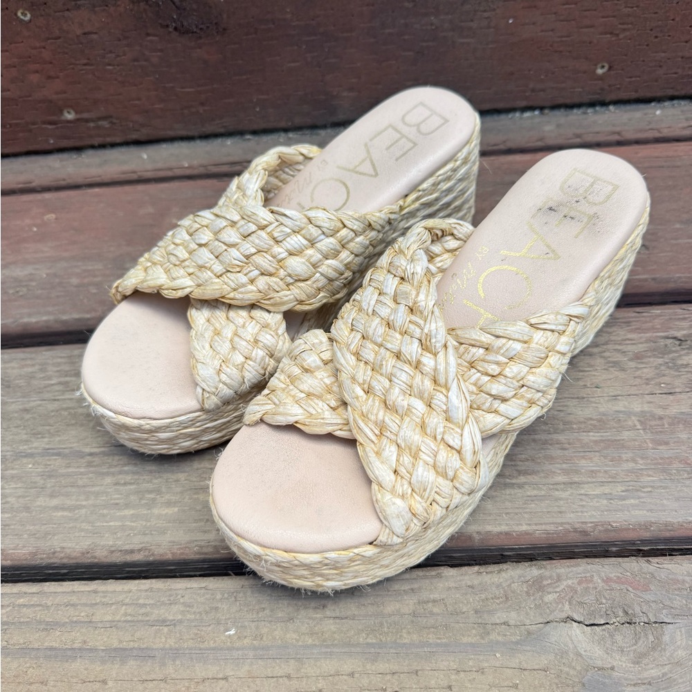 Anthropologie Beach By Matisse Reflection Raffia Platform Slide Shoes Size 9 - Picture 3 of 6